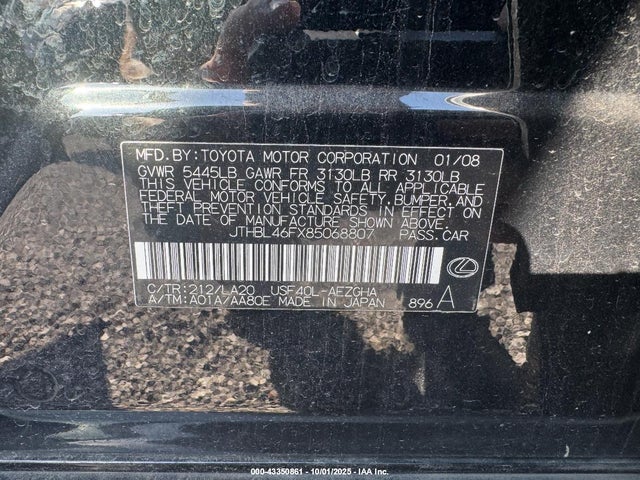 Aukcja sprzedaży 2008 Lexus Ls 460, vin: jthbl46fx85068807, numer aukcji: 43350861