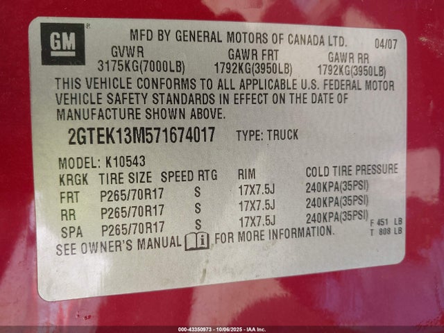 Продажа на аукционе авто 2007 Gmc Sierra 1500 Slt, vin: 2GTEK13M571674017, номер лота: 43350973
