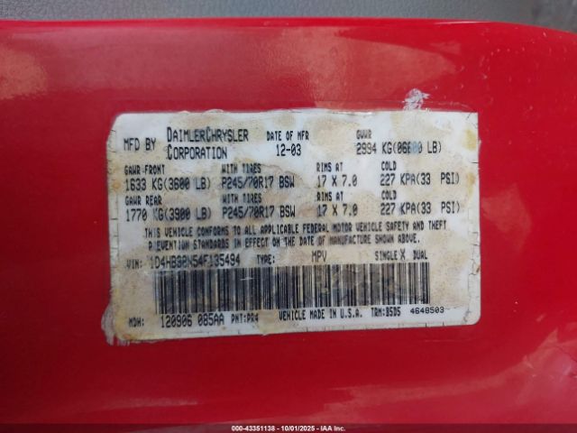 2004 DODGE DURANGO 1D4HB38N54F135494 Photo 8