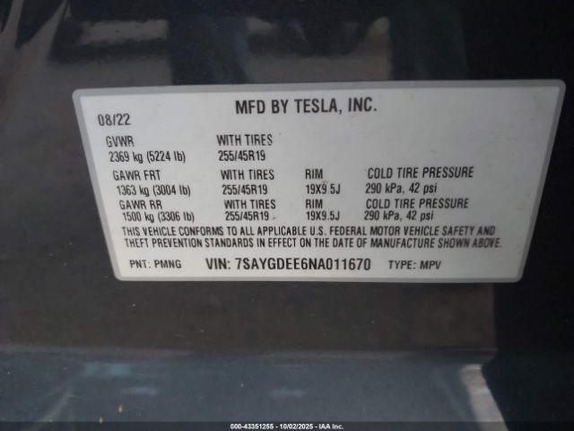 2022 TESLA MODEL Y 7SAYGDEE6NA011670 Photo 8
