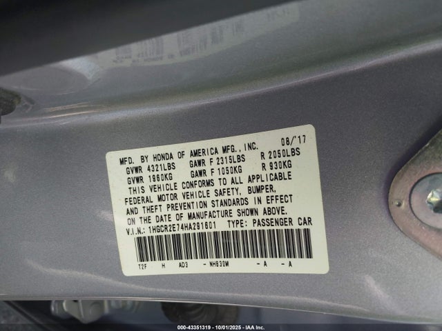 1HGCR2E74HA291601 Honda k24w1