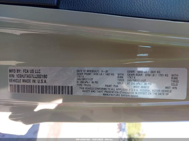 2020 JEEP GLADIATOR 1C6HJTAG7LL202180 Photo 8