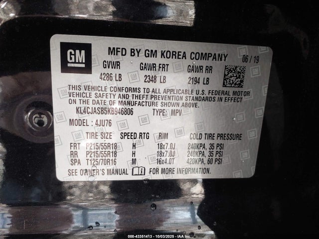 Продаж на аукціоні авто 2019 Buick Encore Fwd Preferred, vin: KL4CJASB5KB946806, номер лоту: 43351413