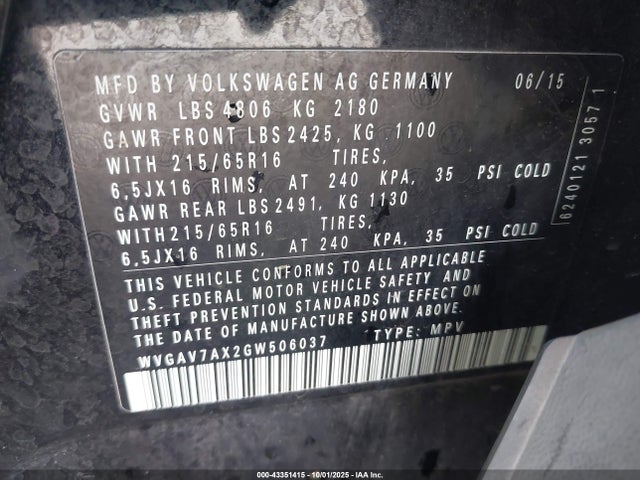 WVGAV7AX2GW506037 Volkswagen 2.0t