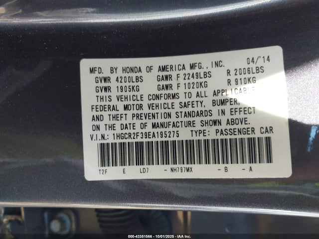 1HGCR2F39EA195275 Honda k24w1