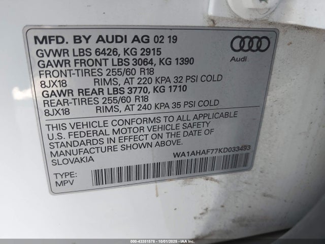 Audi 2.0t 2019 WA1AHAF77KD033493 Image 9