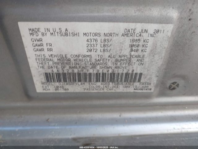 2011 MITSUBISHI GALANT 4A32B3FF7BE031720 Photo 8