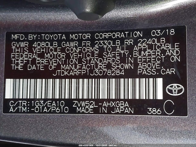 Toyota 2zr-fxe+1nm 2018 JTDKARFP1J3078284 Image 9