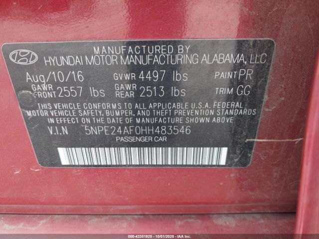 2017 HYUNDAI SONATA 5NPE24AF0HH483546 Photo 8