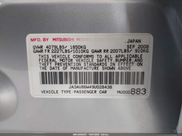 2009 MITSUBISHI LANCER JA3AU86W49U028438 Photo 8