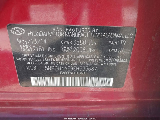Hyundai dohc mpi nu 2014 5NPDH4AE9EH535687 Image 9
