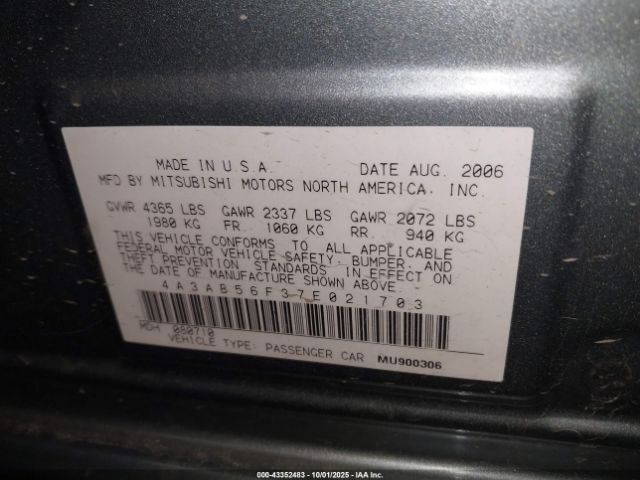 2007 MITSUBISHI GALANT 4A3AB56F37E021703 Photo 8