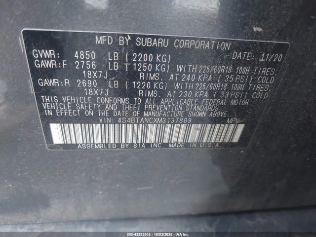 4S4BTANCXM3137889 Subaru Outback Limited