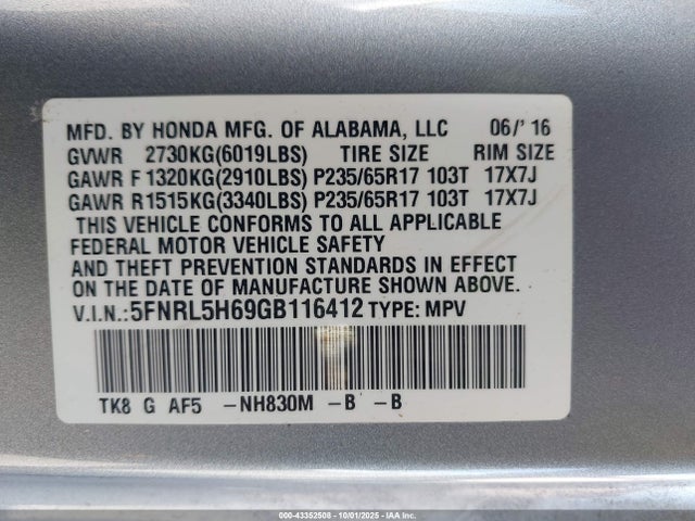 5FNRL5H69GB116412 Honda Odyssey Ex-l
