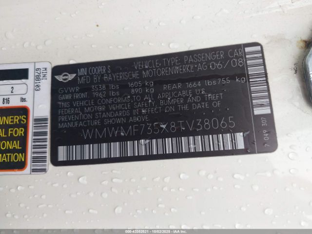 2008 MINI COOPER S WMWMF735X8TV38065 Photo 8