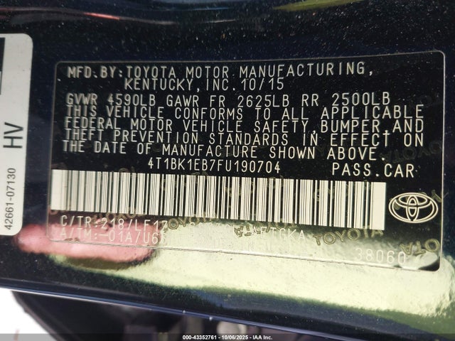 4T1BK1EB7FU190704 Toyota 2gr-fe