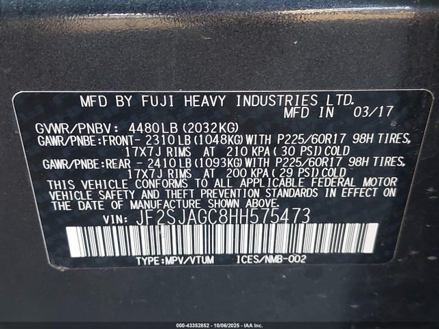Subaru naturally aspirated u5 2017 JF2SJAGC8HH575473 Image 9