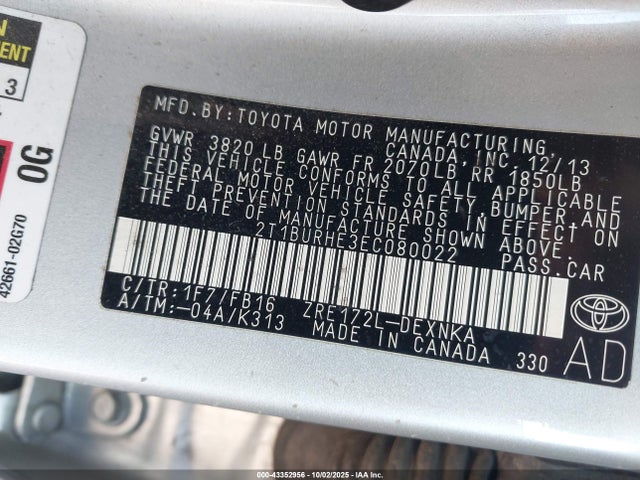 Toyota 2zr-fe 2014 2T1BURHE3EC080022 Image 9
