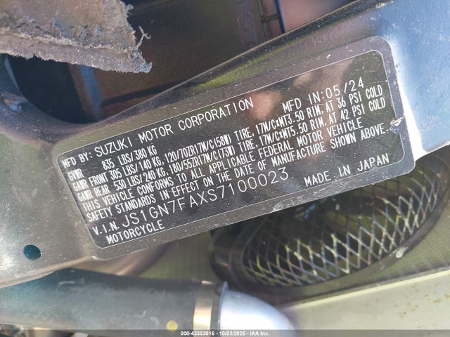 43353016 :رقم المزاد ، JS1GN7FAXS7100023 vin ، 2025 Suzuki Gsx-r600 مزاد بيع