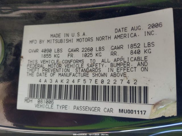 2007 MITSUBISHI ECLIPSE 4A3AK24F57E022742 Photo 8