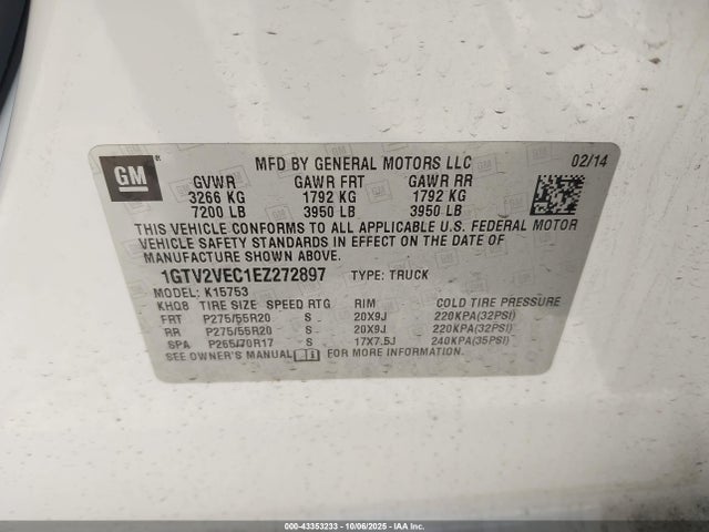 Aukcja sprzedaży 2014 Gmc Sierra 1500 Slt, vin: 1GTV2VEC1EZ272897, numer aukcji: 43353233