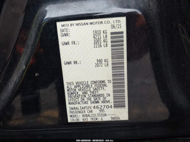 Продаж на аукціоні авто 2015 Nissan Altima 2.5 Sv, vin: 1N4AL3AP1FC462704, номер лоту: 43353338