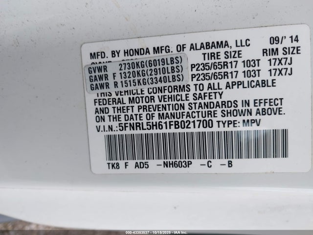 Honda j35z8 2015 5FNRL5H61FB021700 Image 9