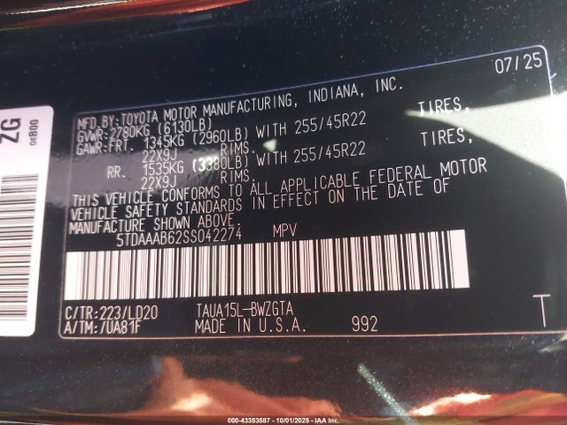 43353587 :رقم المزاد ، 5TDAAAB62SS042274 vin ، 2025 Lexus Tx 350 Luxury مزاد بيع