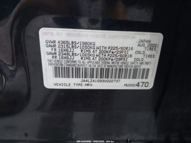 2003 MITSUBISHI OUTLANDER JA4LZ41G93U022737 Photo 8