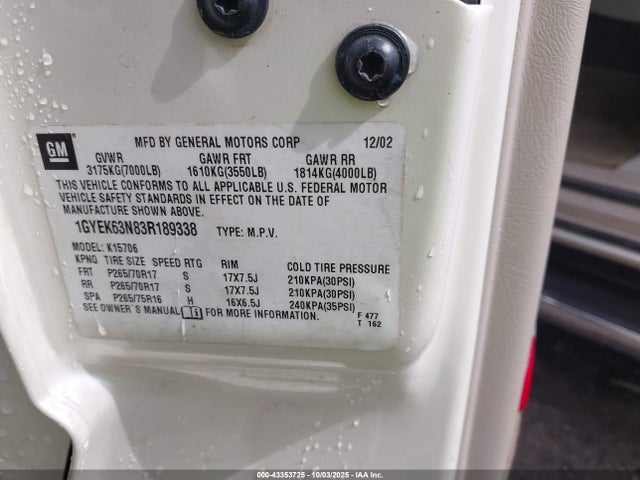 2003 CADILLAC ESCALADE 1GYEK63N83R189338 Photo 8