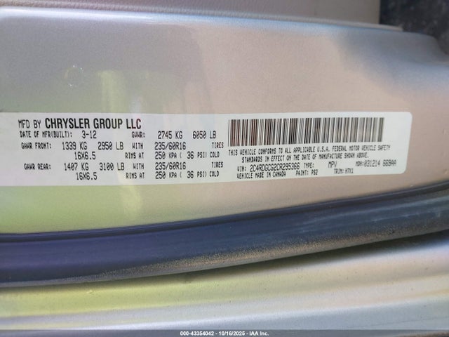 Продажа на аукционе авто 2012 Dodge Grand Caravan Sxt, vin: 2C4RDGCG2CR295366, номер лота: 43354042