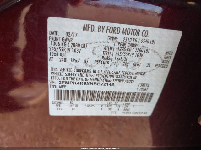 Ford 2.0l gtdi 2017 2FMPK4K9XHBB72148 Image 9