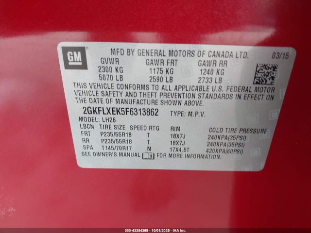 2GKFLXEK5F6313862 GMC lea - flex fuel (gas/alc), aluminum, ho,