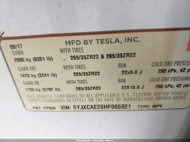 2017 TESLA MODEL X 5YJXCAE20HF065921 Photo 8