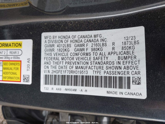 Продаж на аукціоні авто 2024 Honda Civic Ex, vin: 2HGFE1F70RH319513, номер лоту: 43354979