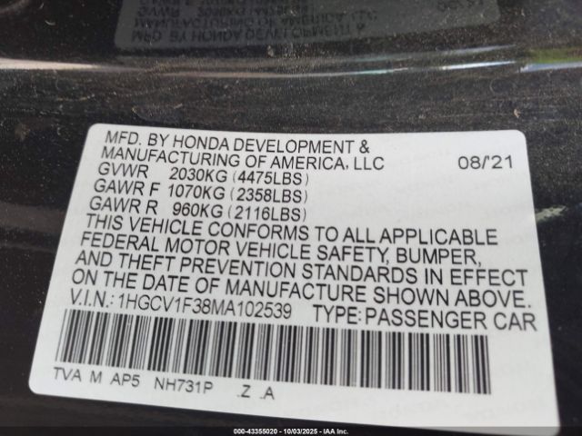 2021 HONDA ACCORD 1HGCV1F38MA102539 Photo 8