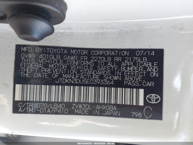 JTDKN3DU5E0393364 Toyota 2zr-fxe+3jm