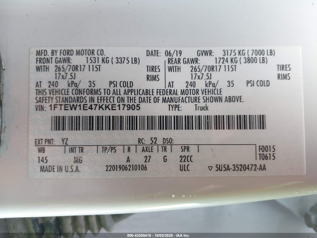 Ford gtdi 2019 1FTEW1E47KKE17905 Image 9