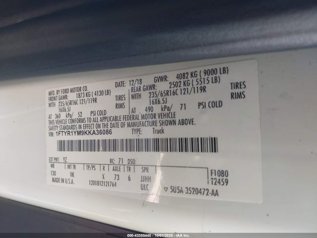 1FTYR1YM9KKA36086 Ford 2019