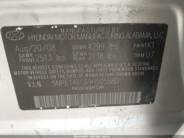 2009 HYUNDAI SONATA 5NPET46C69H505580 Photo 8