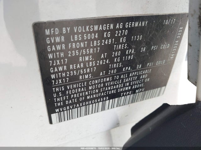 43355678 :رقم المزاد ، WVGBV7AX0HK054599 vin ، 2017 Volkswagen Tiguan S/limited مزاد بيع