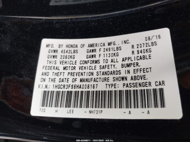 1HGCR3F96HA008167 Honda Accord Touring V6