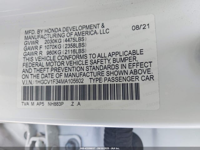 1HGCV1F34MA105602 Honda l15be