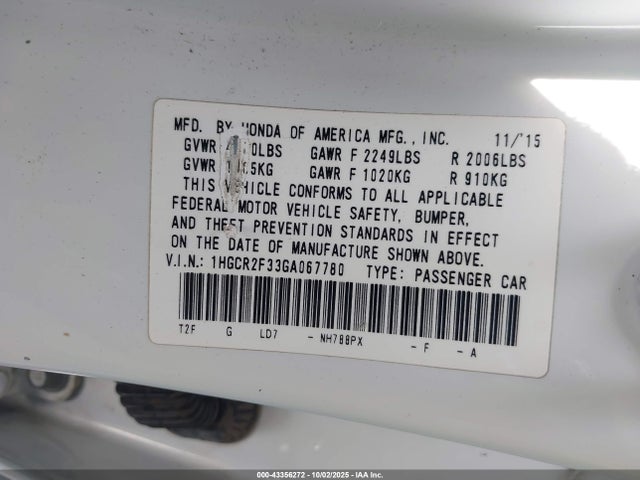 1HGCR2F33GA067780 Honda k24w1