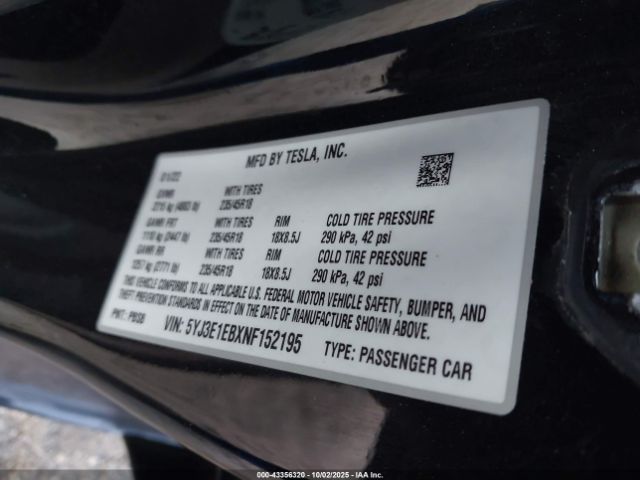 2022 TESLA MODEL 3 5YJ3E1EBXNF152195 Photo 8