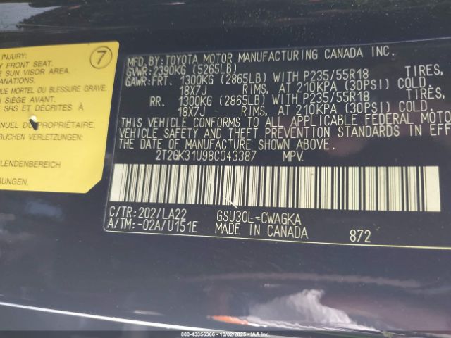 2008 LEXUS RX 350 2T2GK31U98C043387 Photo 8