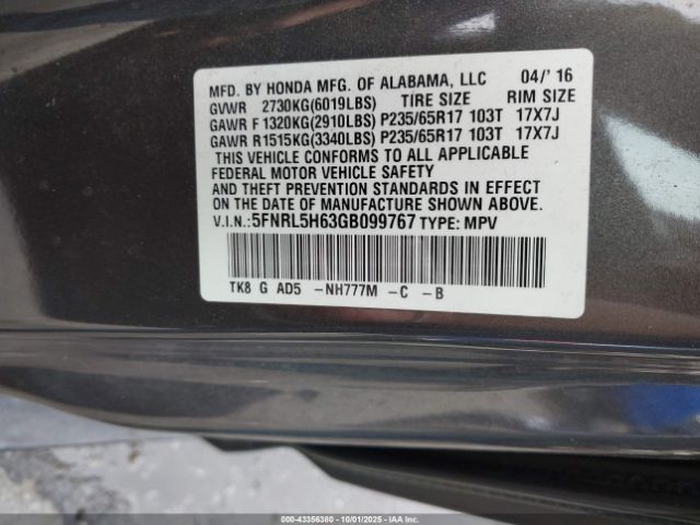 2016 HONDA ODYSSEY 5FNRL5H63GB099767 Photo 8
