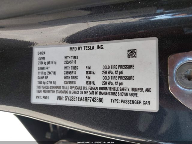 2024 TESLA MODEL 3 5YJ3E1EA4RF743880 Photo 8