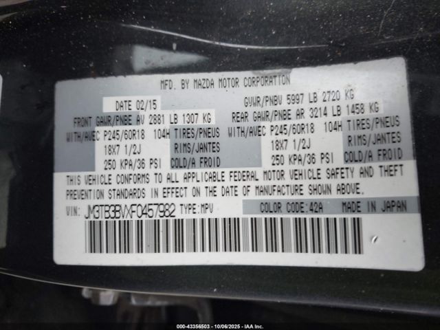 2015 MAZDA CX-9 JM3TB3BVXF0457982 Photo 8