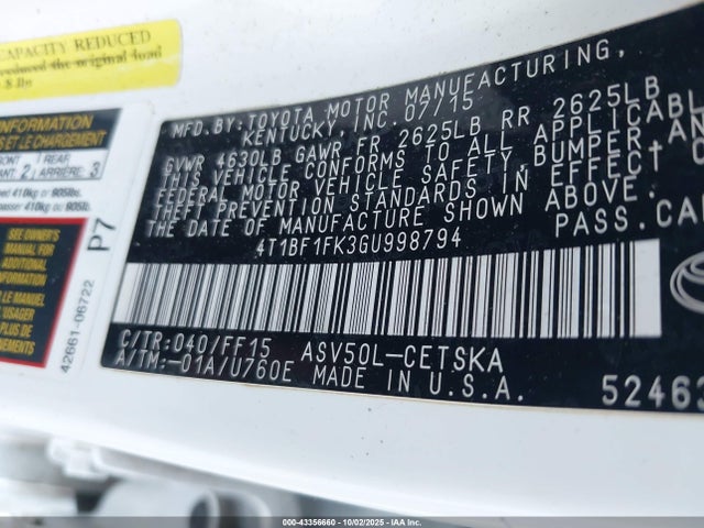 Продажа на аукционе авто 2016 Toyota Camry Se, vin: 4T1BF1FK3GU998794, номер лота: 43356660